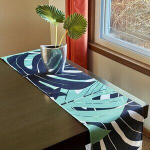 Green Black White 72" Modern Abstract Tropical Monstera Leaf Leaves Table Runner